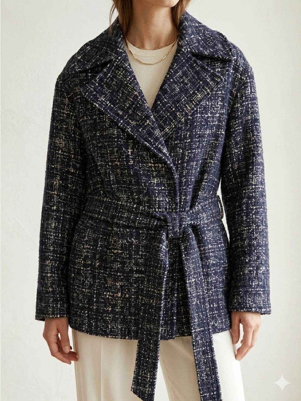 Club Monaco blue wool textured tweed belted wrap coat - size Small (S) NWT